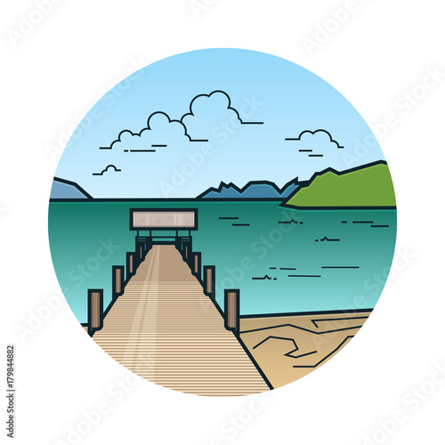 Nature landscape with wood pier and sandy shore