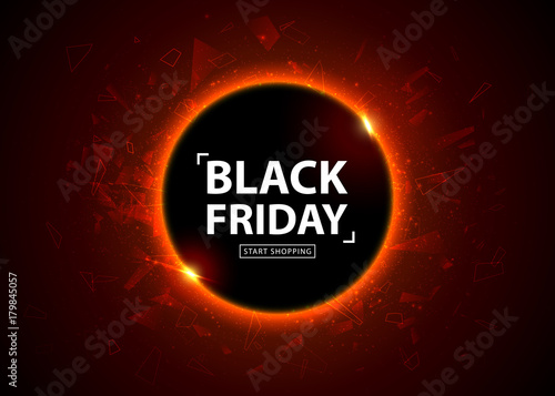 Black Friday sale poster. Seasonal discount banner, place for text. Glowing colorful circle with red light effect on black abstract background. Design template for shopping, closeout, flyer, billboard