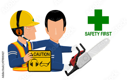 A worker is warning his friend about wearing personal protective equipment during  operating the chain saw
