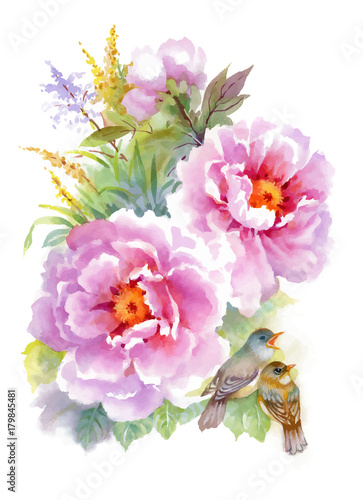 Watercolor flowers and birds on white background. © kostanproff