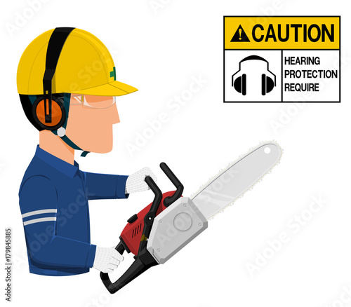 A worker with earmuffs is using chain saw on transparent background
