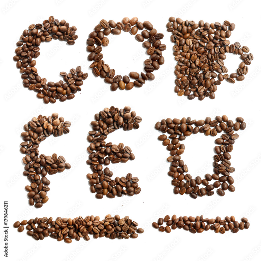 Coffee beans letters and symbols set. Characters and symbols for coffee word and theme shaped from real roasted coffee beans, isolated on white background. Coffee beans letters and symbols set. Characters and symbols for coffee word and theme shaped from real roasted coffee beans, isolated on white background.