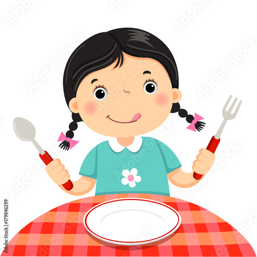 Cute girl holding a spoon and fork with empty white plate on white background