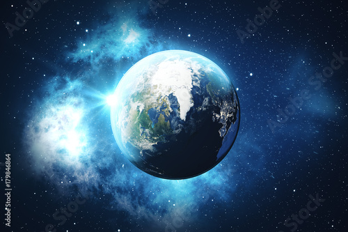 Fototapeta Naklejka Na Ścianę i Meble -  3D Rendering World Globe from Space. Blue Sunrise View From Space. Showing Night Sky With Stars and Nebula. Elements of this image furnished by NASA.