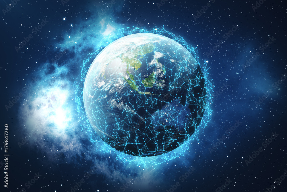 3D Rendering Global Network and Data Exchange. Connection lines Around Earth Globe. Global International Connectivity. Elements of this image furnished by NASA.