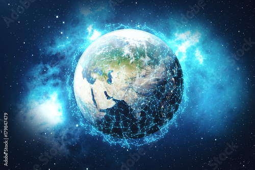 Fototapeta Naklejka Na Ścianę i Meble -  3D Rendering Global Network Background. Connection Lines with Dots Around Earth Globe. Global International Connectivity. Earth from Space With Stars and Nebula. Elements of this image furnished by