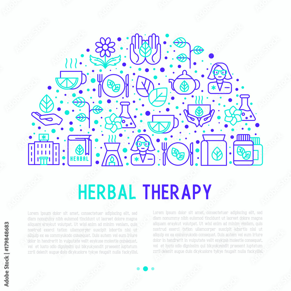 Herbal therapy concept in half circle with thin line icons: herbalist, decoction, aromatic oil, oil burner, tea. Vector illustration for banner, web page, print media. Herbal therapy concept in half circle with thin line icons: herbalist, decoction, aromatic oil, oil burner, tea. Vector illustration for banner, web page, print media.