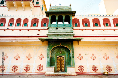 Chandra Mahal Palace (Jaipur City), Rajasthan, India. Maharaja Residence. Old Indian architecture with carving and ornament. Wide angle photo