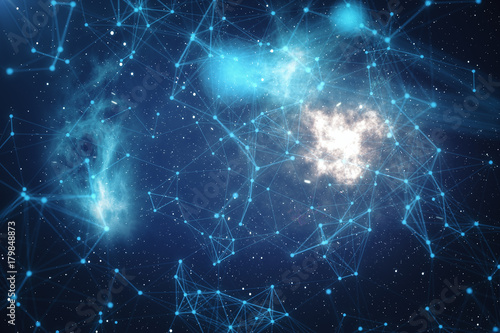 3D Rendering Technological Connection Futuristic Shape  Blue Dot Network  Abstract Background  Blue Background With Stars and Nebula  Concept of Network.