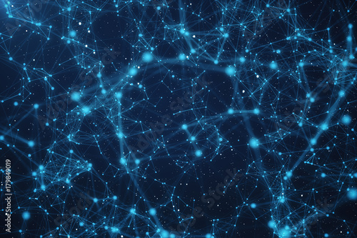 3D Rendering Technological Connection Futuristic Shape, Blue Dot Network, Abstract Background, Blue Background With Stars and Nebula, Concept of Network.