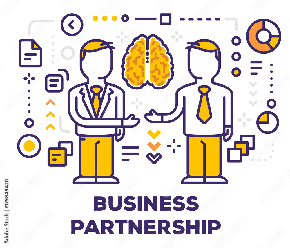 Vector illustration of business men in suits stretch out their hands to each other to shake. Business partnership concept on light background with title and icons.