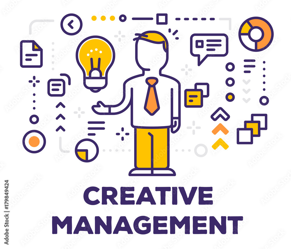 Vector illustration of a man manager with yellow light bulb and icons. Creative management concept on light background with title.
