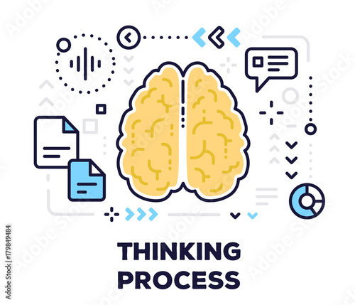 Thinking concept with human brain and text on white background. Vector illustration of brain with scheme and icons.
