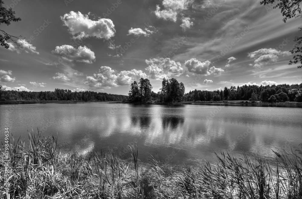 Komosa lake in Knyszynska forest, HDR black and white image