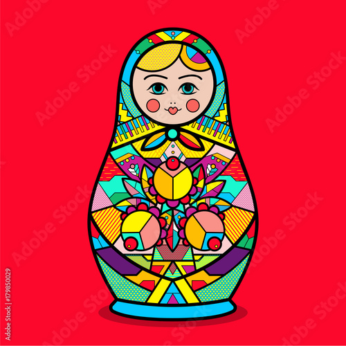 Matrioshka. Vector traditional russian nesting doll with flower pop art pattern. Flat style. Matrioshka icon in cartoon style isolated on background. Russian country symbol for t-shirt.