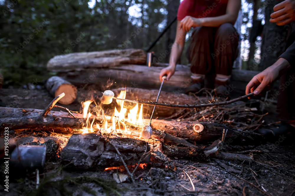 Fototapeta premium Two people are frying marshmeloo at the stake on a hike, on a warm summer evening.