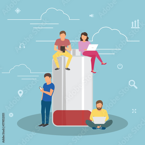 Battery low concept vector illustration of young people using smartphones and tablets with poor battery level. Flat people standing and sitting near big red battery symbol