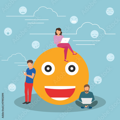 Young men and women standing near big emoji head symbol and using their smart phones for texting to live chat, messengers and networks. Flat concept illustration of online talk on blue background