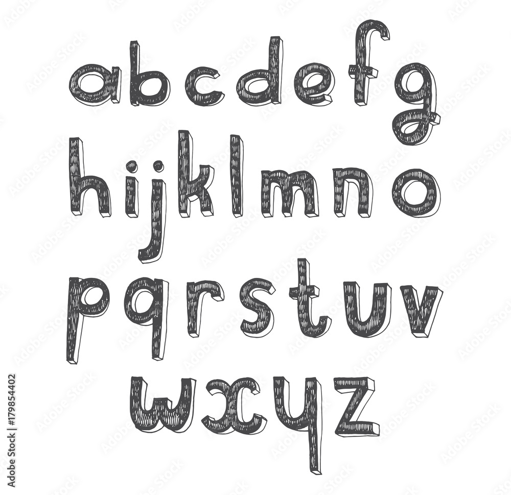 Vector hand drawn english font. Abc letters sequence from A to Z isolated  on white in 3d hatch design Stock Vector | Adobe Stock