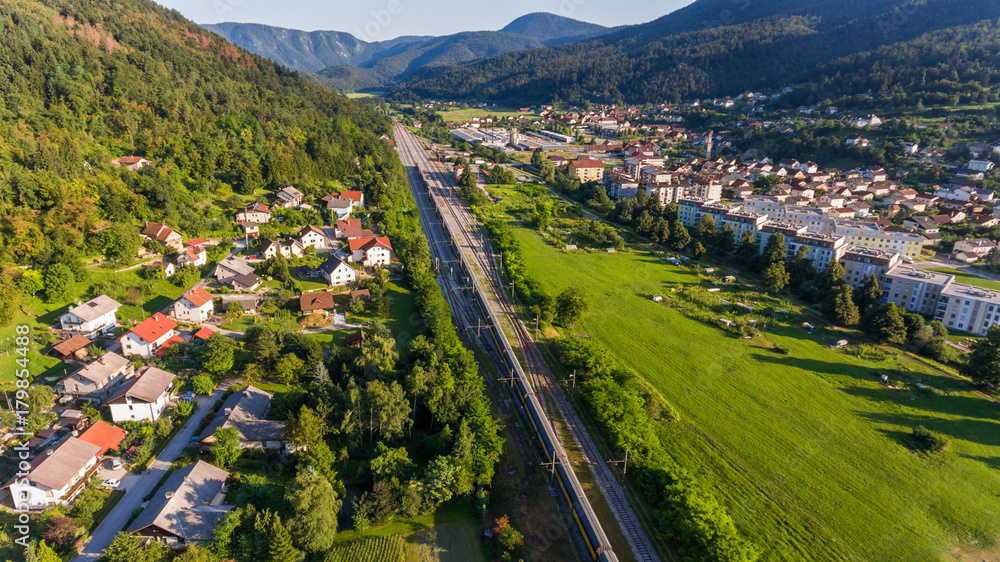 Aerial view of railroad running through a town. Aerial view of railroad running through a town.