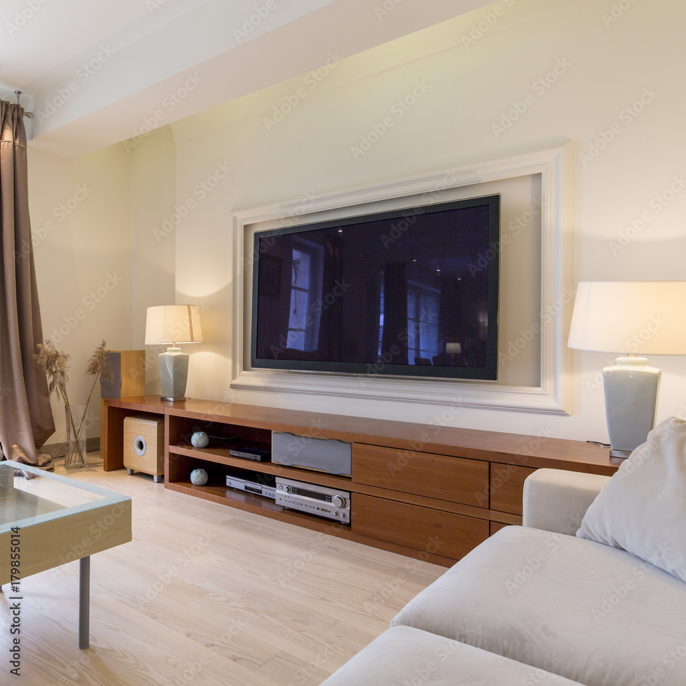 Stylish Living Room With Big Tv Stock