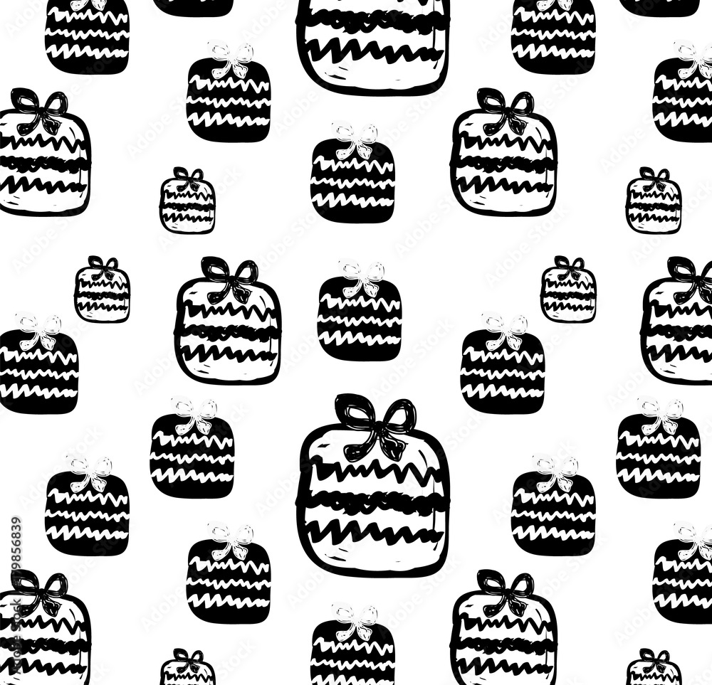 Seamless pattern with handdrawn gift boxes. Black and white