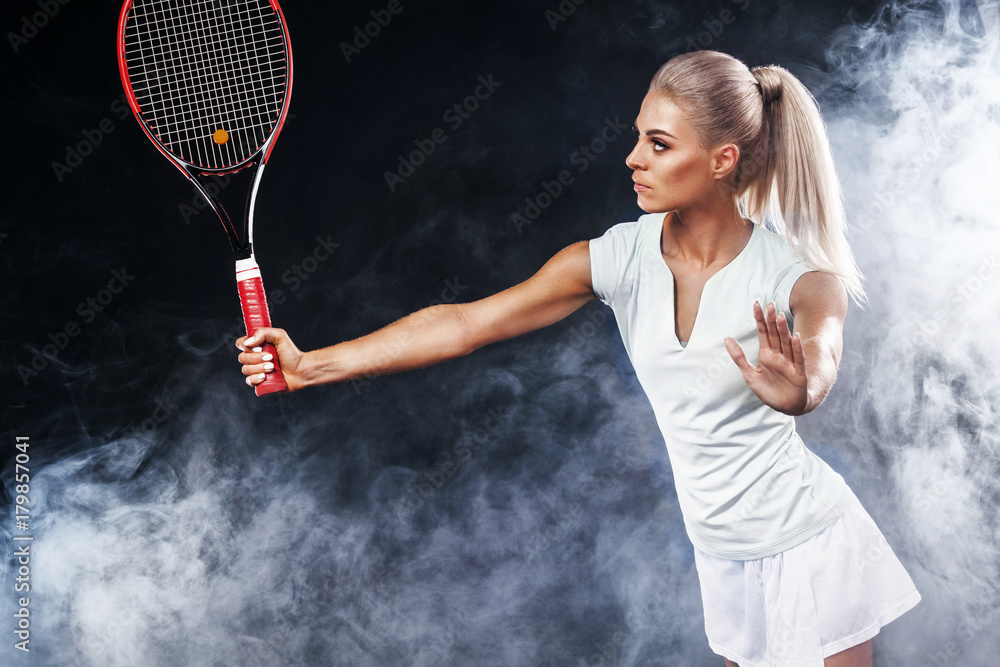Beautiful blonde sport woman tennis player with racket in white costume  Stock Photo | Adobe Stock