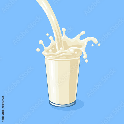 White milky flow and splash in full glass of milk. Vector cartoon illustration on blue.