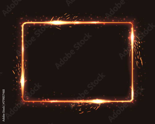 Realistic square light fire flame frame with firework sparkles, vector template illustration on black background.