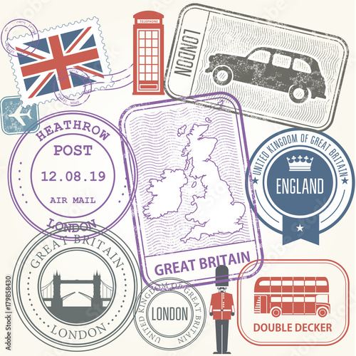 Travel stamps set - Great Britain and England journey