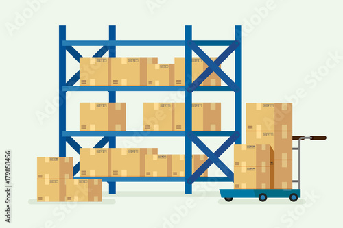 Warehouse shelves and cardboard boxes. illustration vector