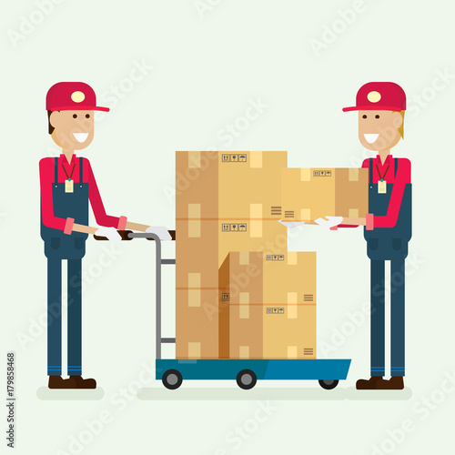 Delivery Service worker cargo box in warehouse. illustration vector