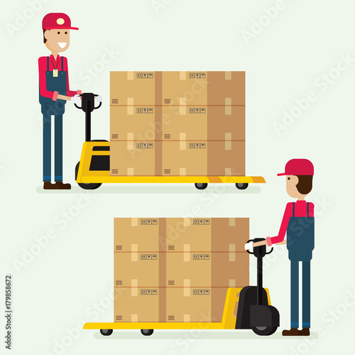 worker man towing hand fork lifter cargo box in warehouse. illustration vector