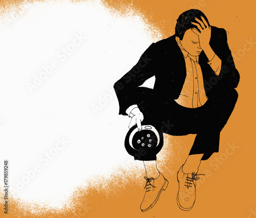 Illustration of desperate businessman begging for money