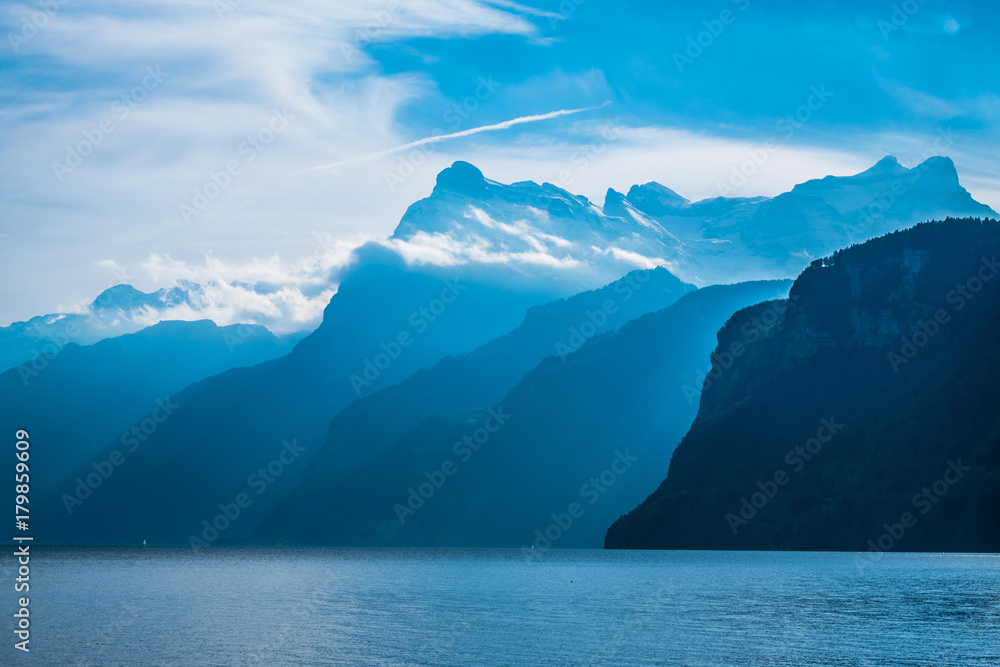 View of lake Lucerne from Brunnen, Canton, Schwyz, Switzerland