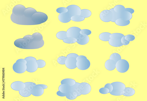 Cartoon clouds set on blue sky background. Collection icons. Vector art illustration.