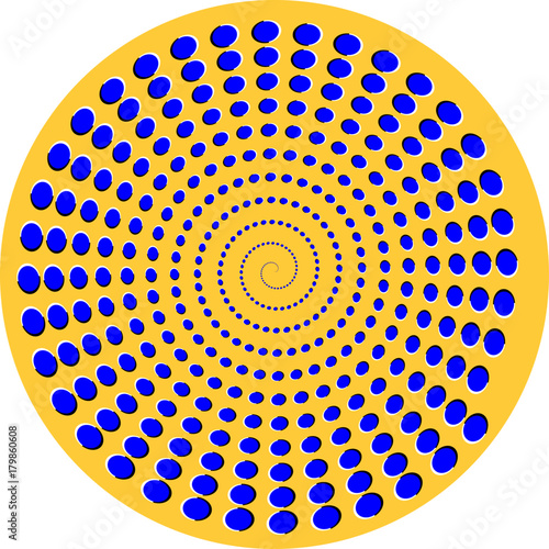 Spiral optical illusion with blue circles moving clockwise