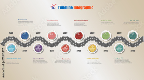 Business road map timeline infographic with 10 steps circle design for background elements diagram process technology web pages workflow digital marketing data presentation chart. Vector illustration
