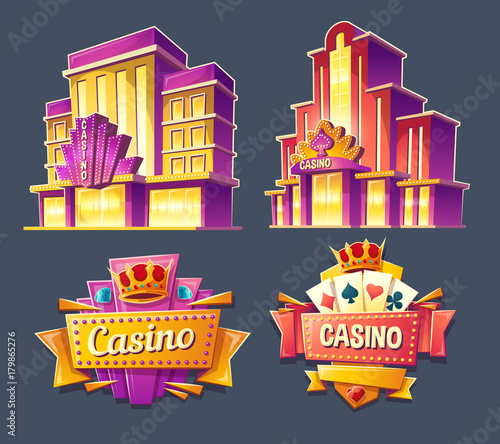 Set of vector cartoon badges, stickers, tags of casino buildings and retro signboards. Icons for mobile applications with games of chance, advertising banners for gambling business in a vintage style.