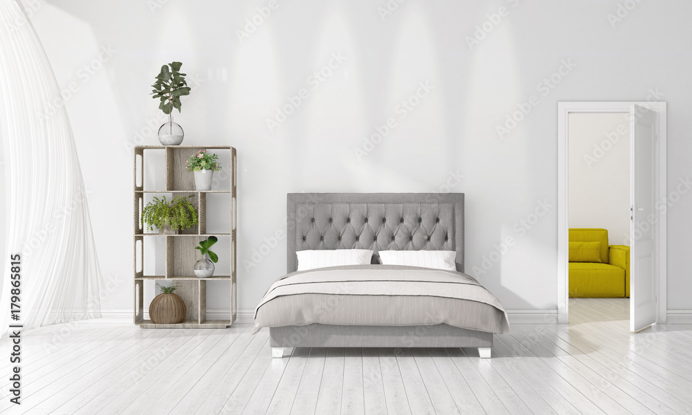 Modern interior design of bedroom in vogue with plant and copyspace in horizontal arrangement. 3D rendering. Modern interior design of bedroom in vogue with plant and copyspace in horizontal arrangement. 3D rendering.