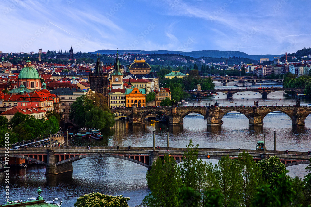 Prague, Czech Republic, bridges, city sunset panorama