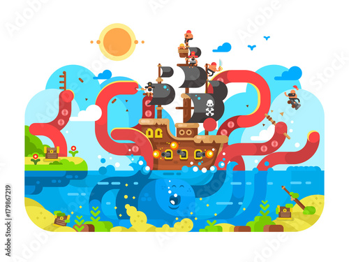 Kraken sea monster and sinks ship design flat