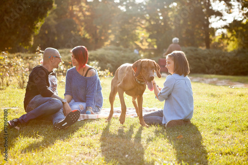 Gorgeous happy family of three playing in the park with their dog. Animal lovers. Mother, father, daughter and their dog