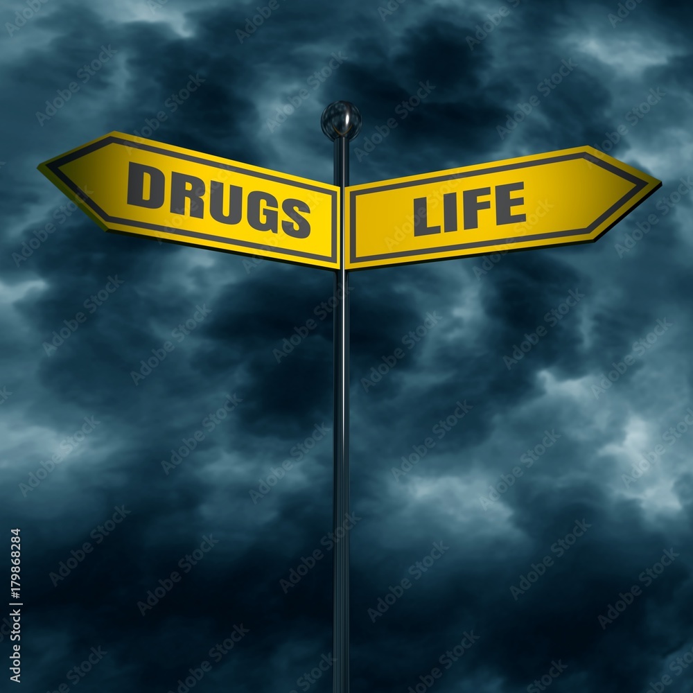 3d rendering of road signs with DRUGS and LIFE text pointing in opposite directions 3d rendering of road signs with DRUGS and LIFE text pointing in opposite directions