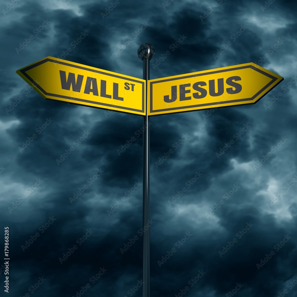 3d rendering of road signs with WALL STREET and JESUS text pointing in opposite directions 3d rendering of road signs with WALL STREET and JESUS text pointing in opposite directions