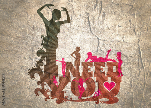 I need you text with heart icon and women silhouettes. Background relative to valentines day.