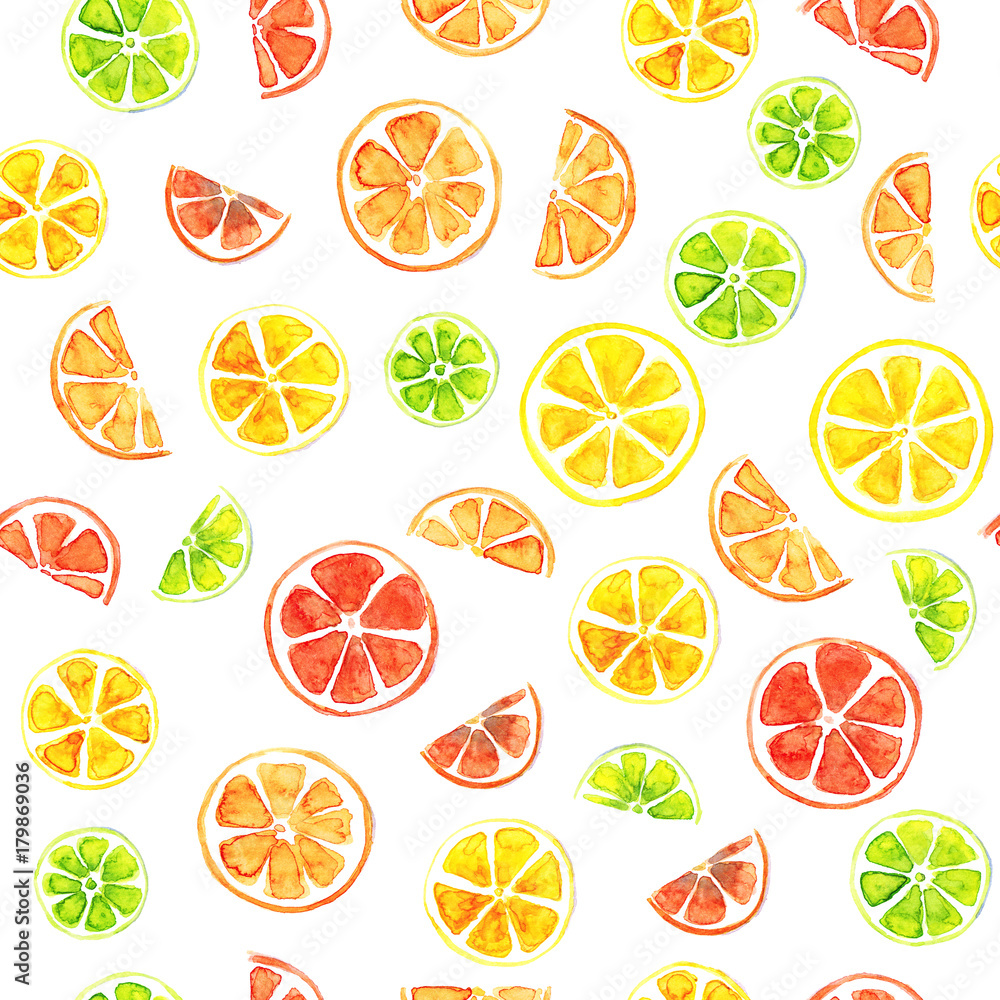 Watercolor hand drawn seamless pattern background sketch illustration of  slices of lemon, lime and grapefruit set isolated on white