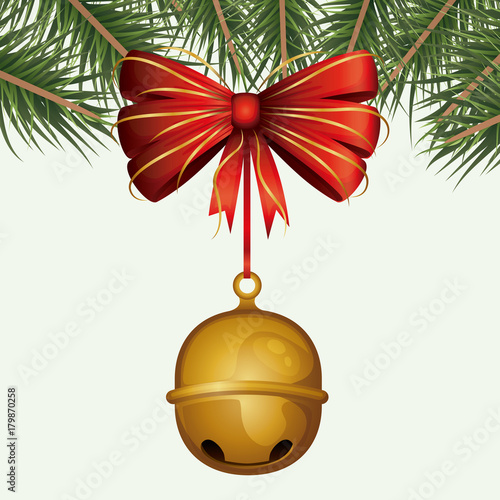 christmas decorative backdrop of colorful pine branches and jingle bells pendant of decorative ribbon on white background