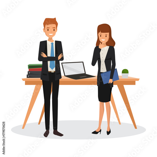 Two business people talking at office. Vector illustration of businessman and business woman.