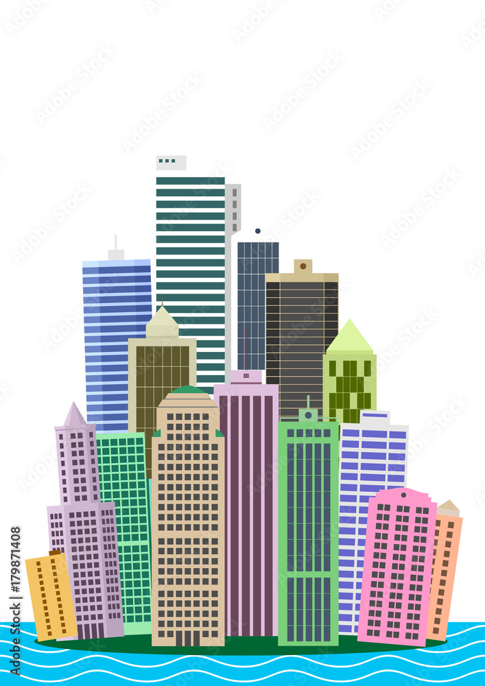 Cartoon picture of Manhattan island in new York city with various skyscrapers and buildings. Vector graphics templates. Panorama of the big city. Sticker or print